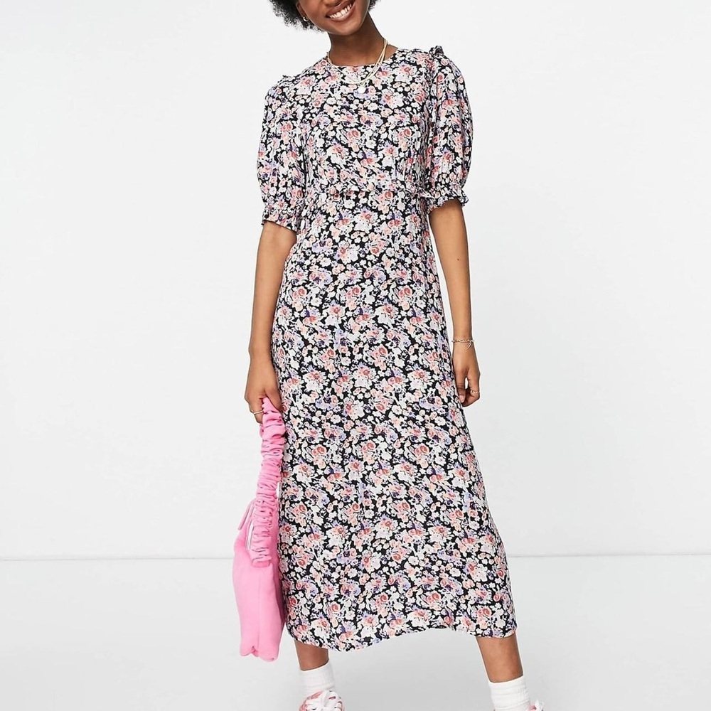 Nobody's Child Black Floral Puff Sleeve Midi Dress